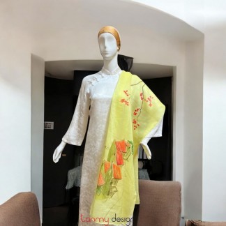Khăn gai dài màu vàng vẽ tay hình phố cổ 70*190cm